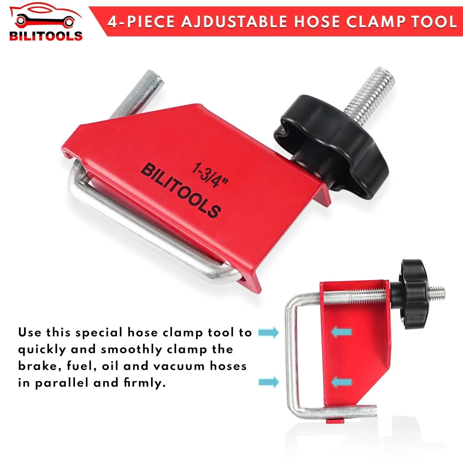 Four Piece Hose Pinch Off Pliers Set For Fuel Line Coolant Radiator Brake Hoses Clamp Tool With Sizes Three Eighths Inch One Half Inch One Inch And One And Three Quarters Inch To Pinch Off Vacuum Lines Without Damaging The Line, 1-3/4 inch red clamp, side view