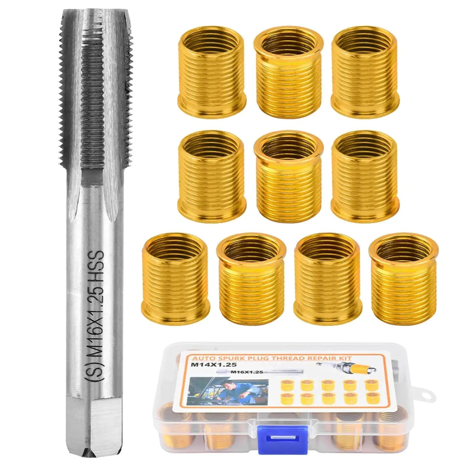 Spark Plug Thread Repair Kit With 10 Inserts And Tap For M14x1.25, featuring tap and stainless steel inserts with case