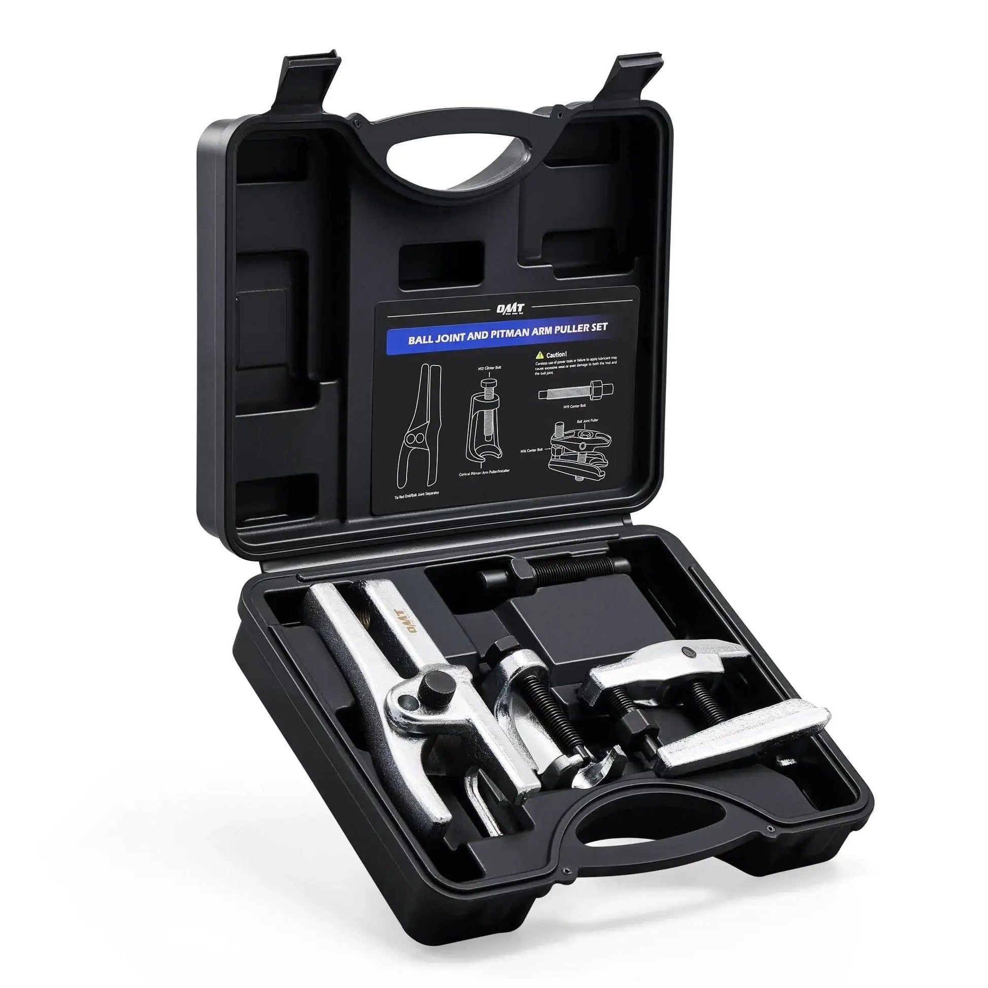Ball Joint Separator And Pitman Arm Puller Set For Front End Service 3 Piece in a black carrying case, scissor and lever tools included.