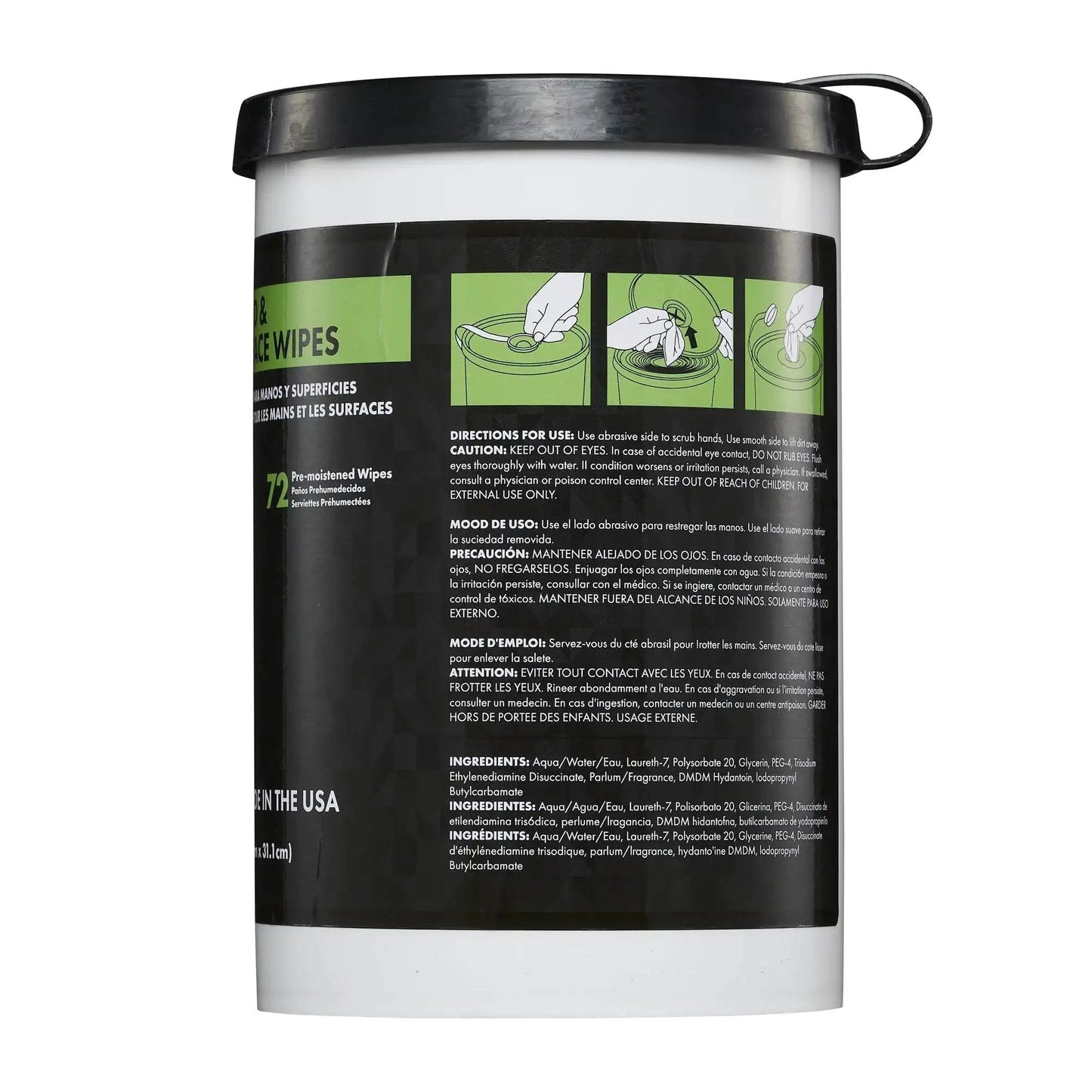 Container of Heavy Duty Mechanic Hand And Surface Wipes Degreaser For Grease And Grime showing usage instructions.