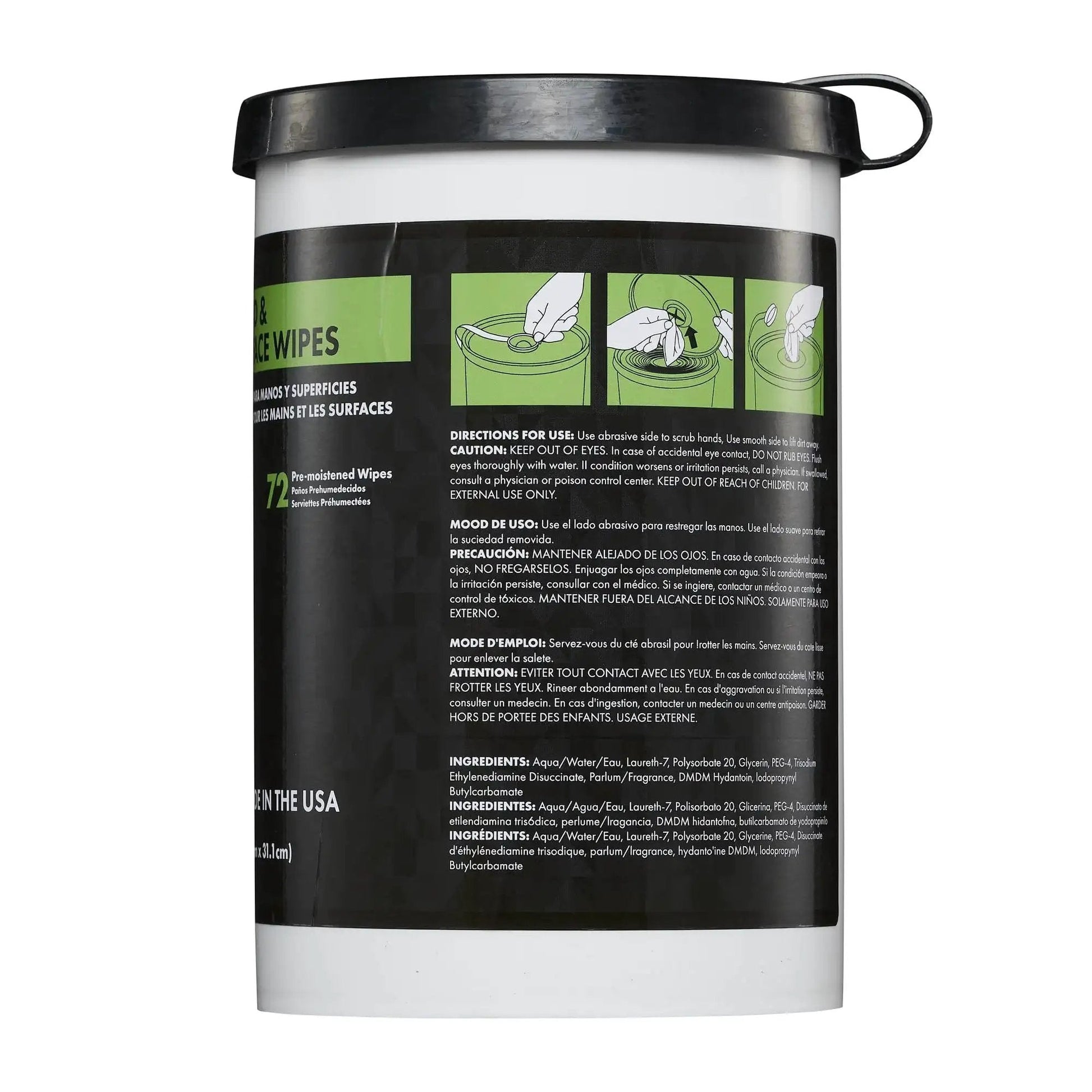 Container of Heavy Duty Mechanic Hand And Surface Wipes Degreaser For Grease And Grime showing usage instructions.