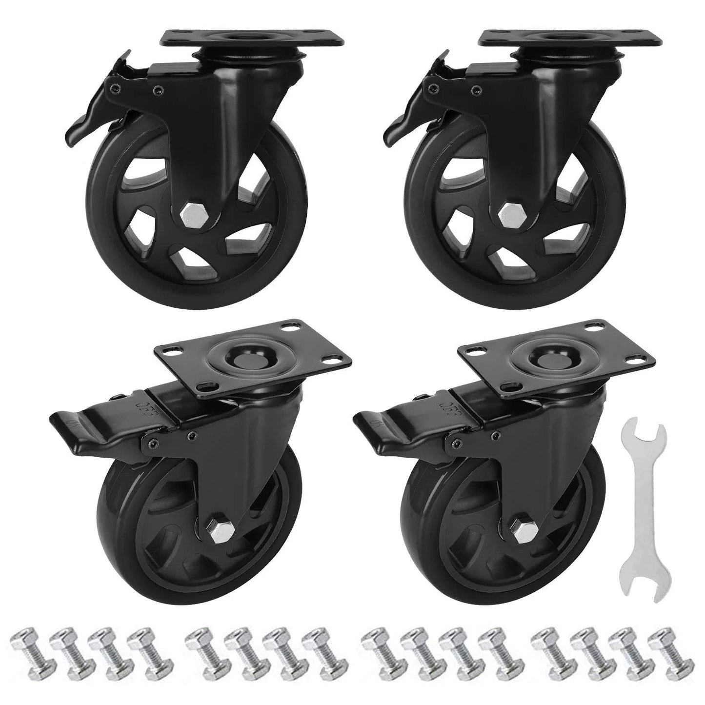 5 Inch Heavy Duty Caster Wheels Set Four Pack With 1800 Lbs Total Capacity And Steel Frame Top Plate Durable Plate Casters With Double Ball Bearings Lockable Swivel Quiet Rubber Wheels And Safety Brakes Includes 16 Screws