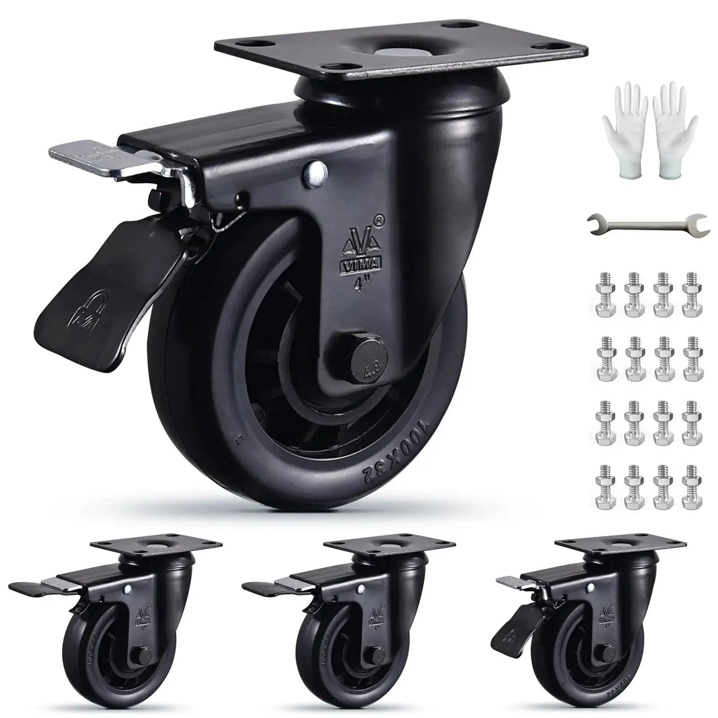 Beefy Heavy Duty 4 Inch Caster Wheels Set of 4 with Brakes Black Swivel Casters 2200 Lbs Load Capacity Quiet Elastic Rubber Wheels