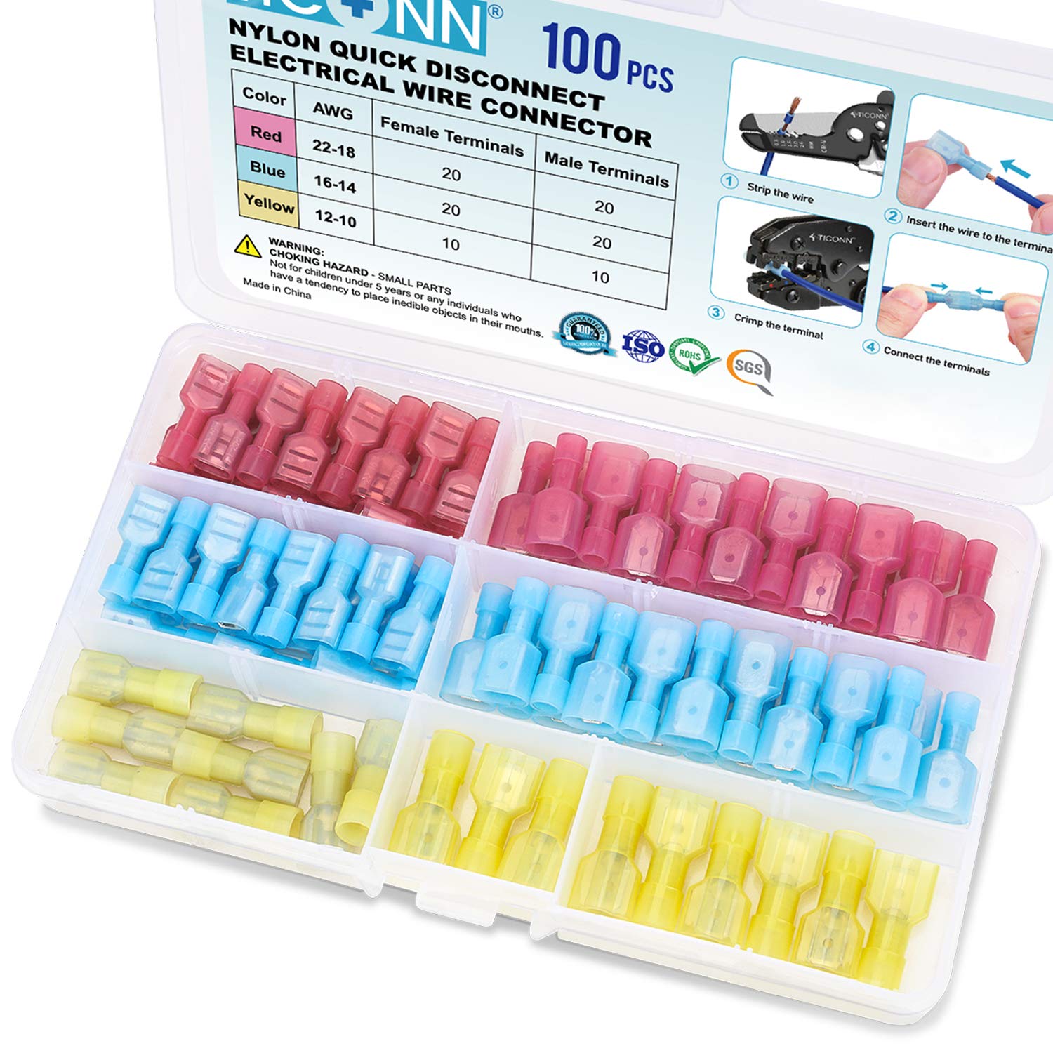Nylon Spade Quick Disconnect Connectors Kit For Auto And Home Wiring With Premium Insulated Terminals, 100 Pcs Assortment by TICONN.