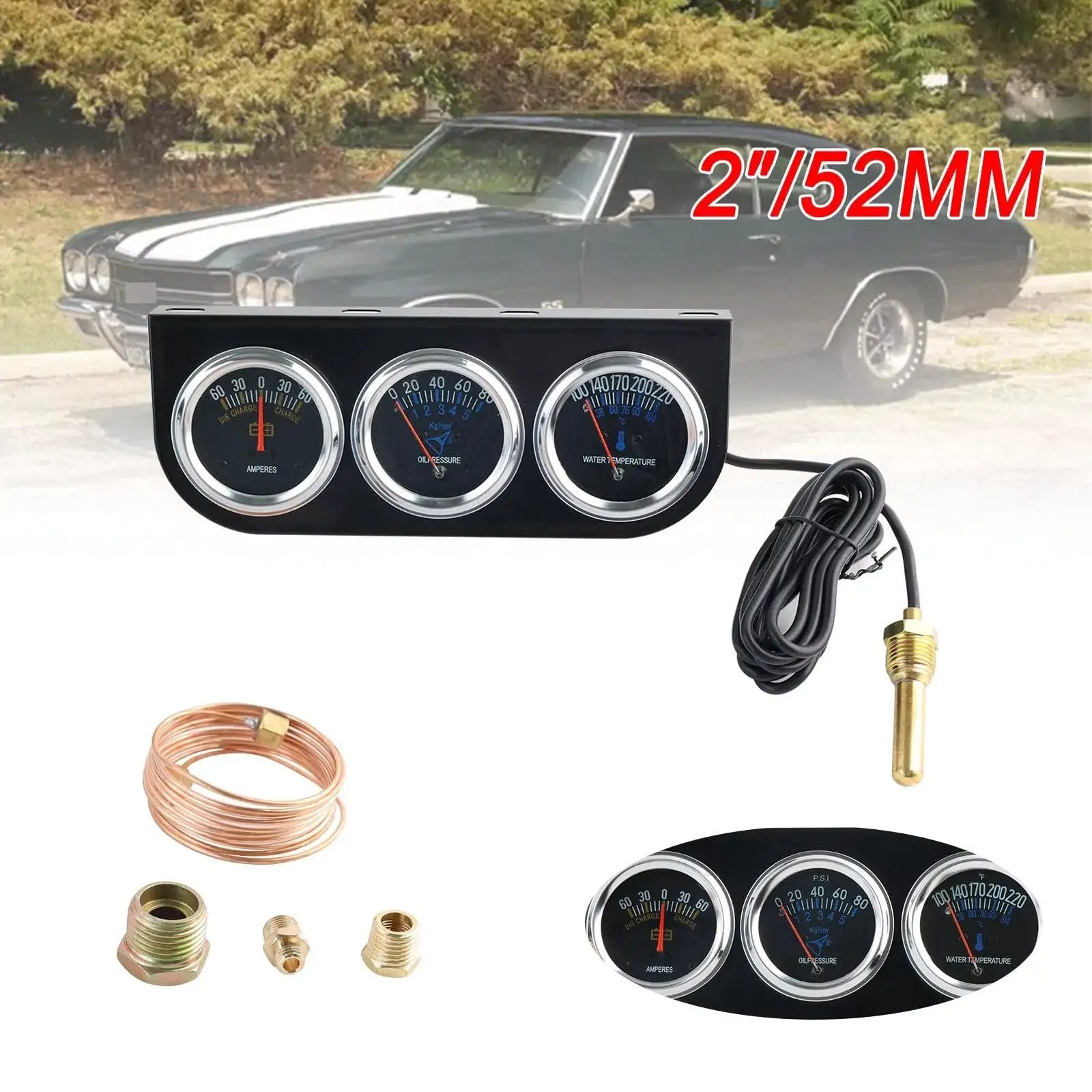 Triple Gauge Kit 2 Inch Chrome Mechanical 3 In 1 Amp Meter Oil Pressure Gauge And Water Temperature For Cars Boats 52mm