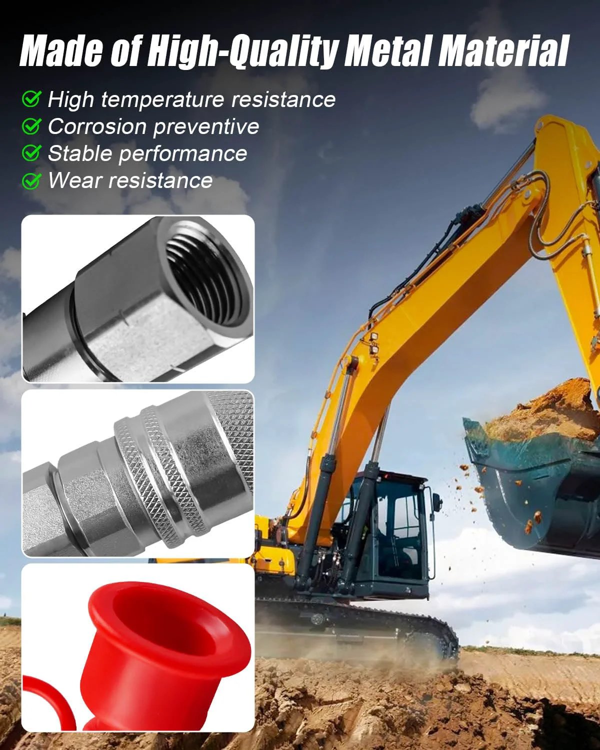Close-up of Three Eighths Inch Flat Face Hydraulic Quick Connect Couplers With Dust Caps For ISO 16028 with excavator background
