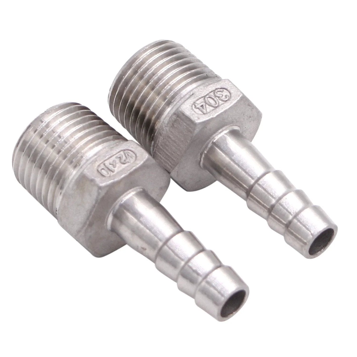 Stainless Steel Three Eighths Inch Hose Barb To One Half Inch NPT Male Fittings Pack Of Two For Home Brewing Durable 304 Stainless Steel Handles Up To 150 PSI Temperature Range -30 To 150 F Rust Resistant Easy Clamp On.