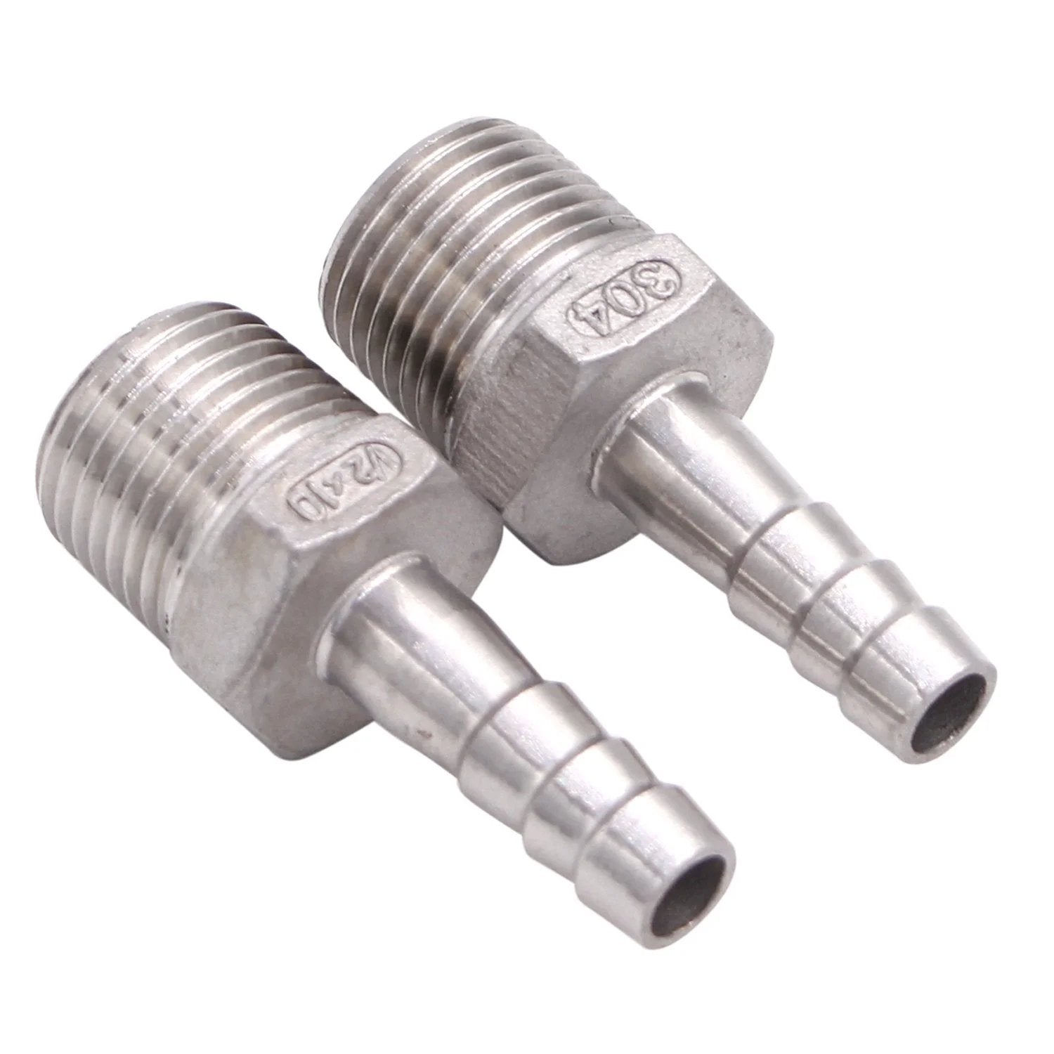 Stainless Steel Three Eighths Inch Hose Barb To One Half Inch NPT Male Fittings Pack Of Two For Home Brewing Durable 304 Stainless Steel Handles Up To 150 PSI Temperature Range -30 To 150 F Rust Resistant Easy Clamp On.