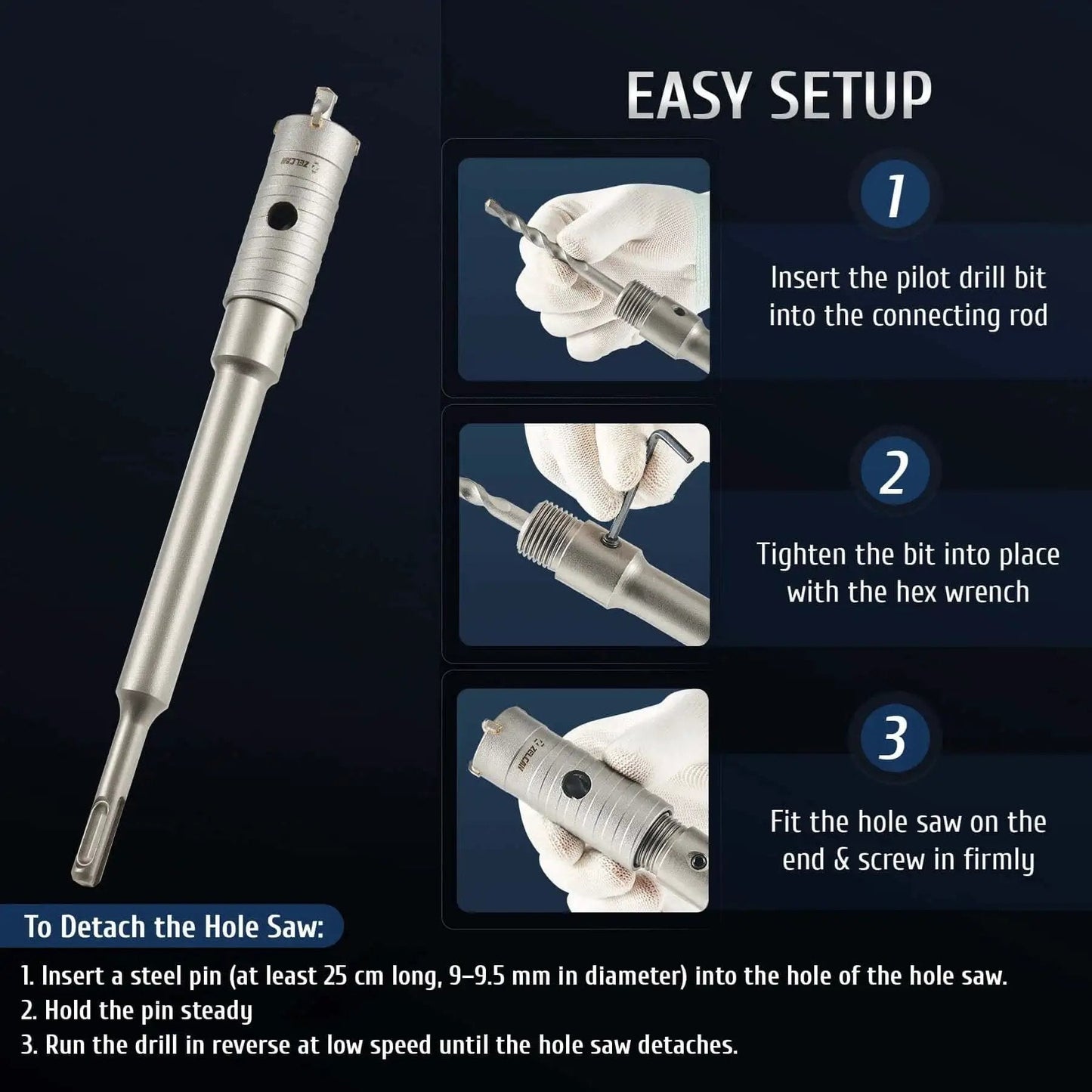 4 In 1 Hole Saw Kit With Pilot Drill And 30mm 50mm 65mm Saws For SDS Plus Hammer Drills Easy Setup Instructions