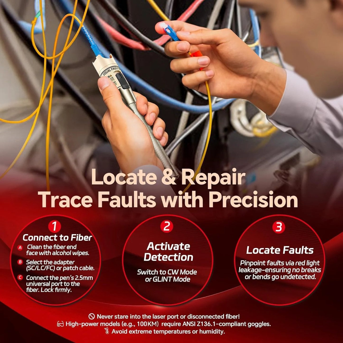 Person using Fiber Optic Visual Fault Locator Kit Up To 50 Kilometer Range Red Light Pen For Quick Fault Detection 650 Nm Laser Two Point Five Millimeter Universal Connector Works With ST SC FC Adapters LC SC FC Coupler And Three One Point Five Meter Patch Cords in field setting