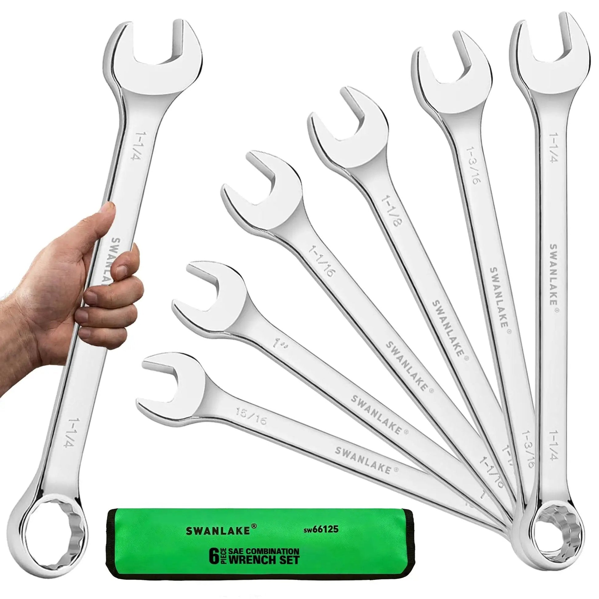 Six Piece Large Wrench Set With Long Box End Wrenches Ranging From 15/16 Inch To 1 1/4 Inch Including Rolling Pouch, CR V Steel