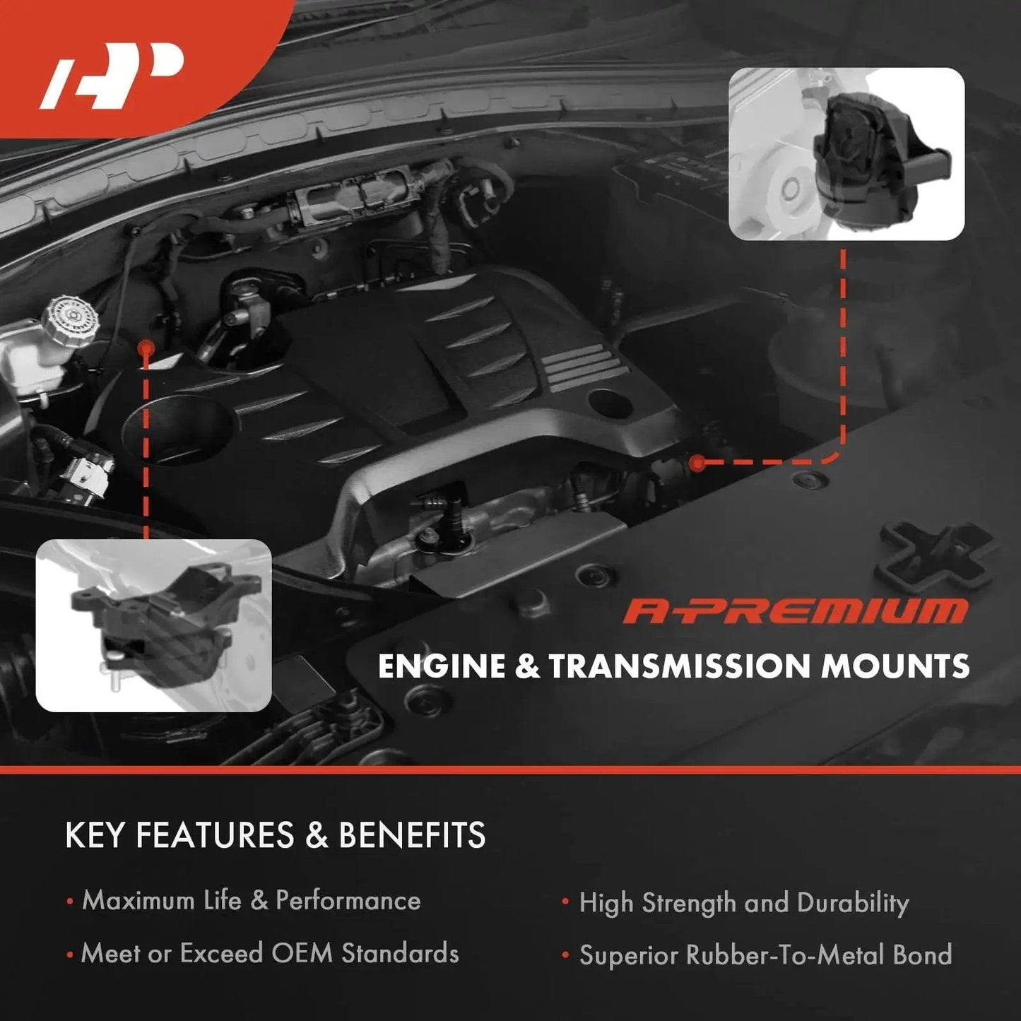 Image showing an engine bay with highlighted areas for the four piece engine and transmission mount kit for Toyota Highlander 2004-2007 FWD
