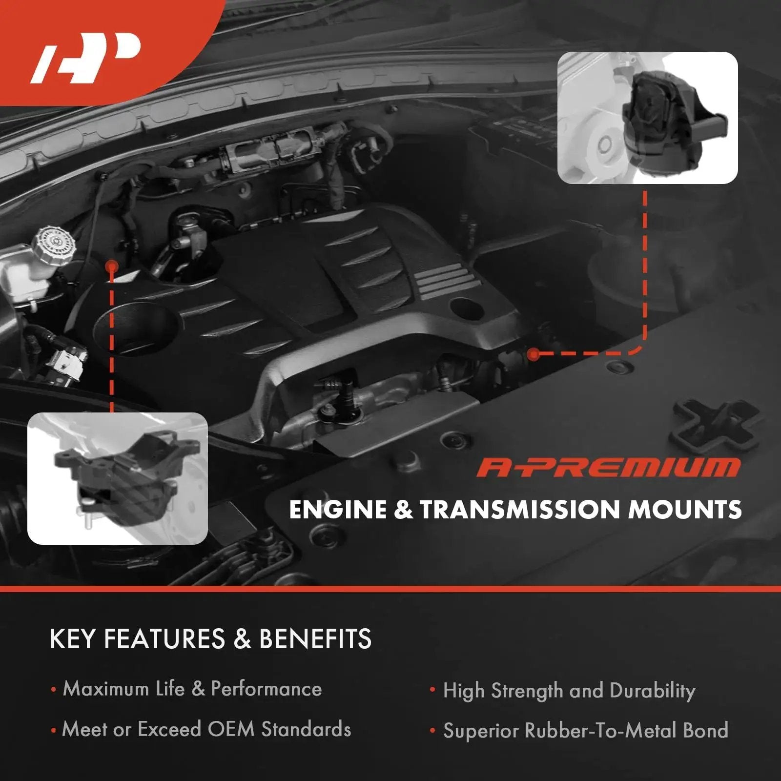 Image showing an engine bay with highlighted areas for the four piece engine and transmission mount kit for Toyota Highlander 2004-2007 FWD