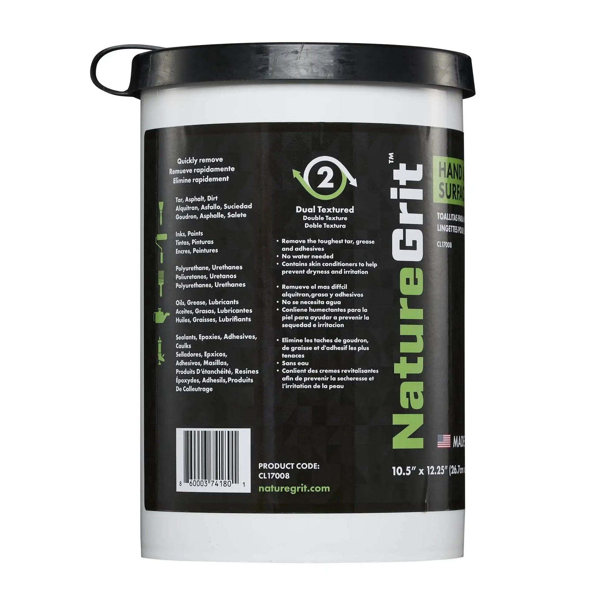 Container of Heavy Duty Mechanic Hand And Surface Wipes Degreaser For Grease And Grime, 80-count, dual-textured for grease removal.