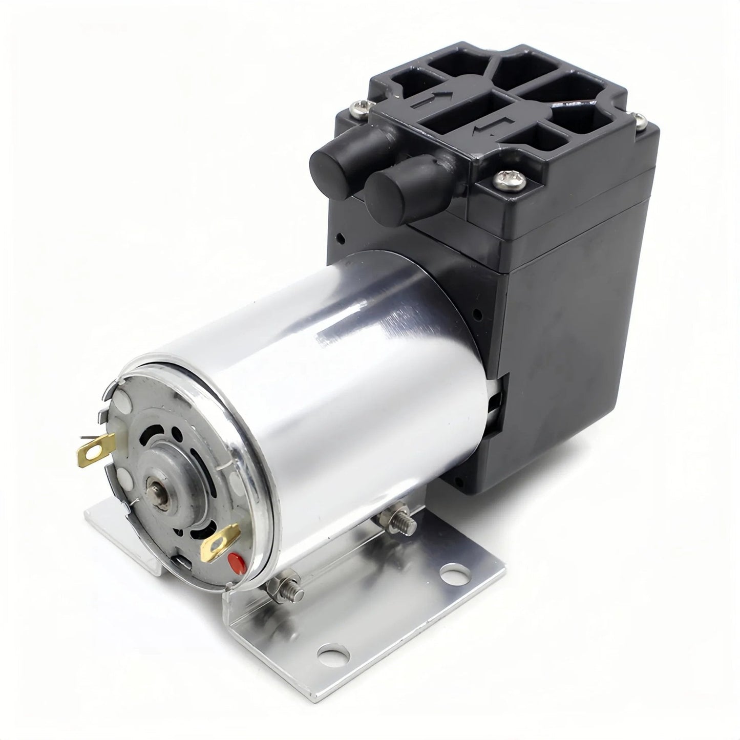 DC 12V Oil Free Mini Vacuum Pump with Holder, low noise, for automotive exhaust gas analysis, side view showing motor and holder.