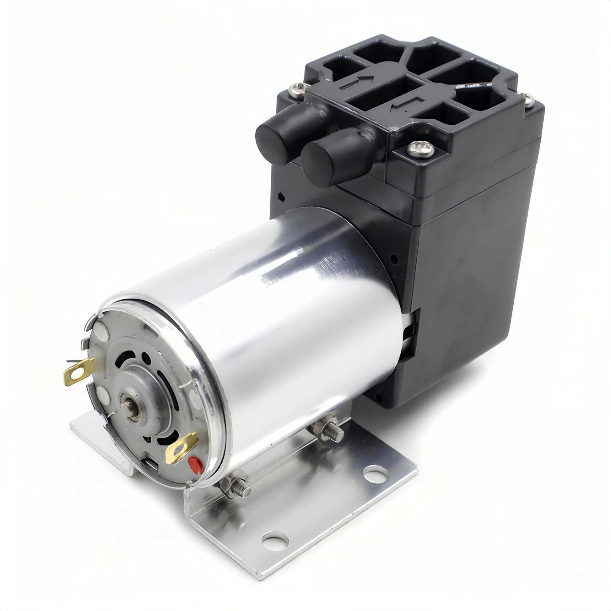 DC 12V Oil Free Mini Vacuum Pump with Holder, low noise, for automotive exhaust gas analysis, side view showing motor and holder.