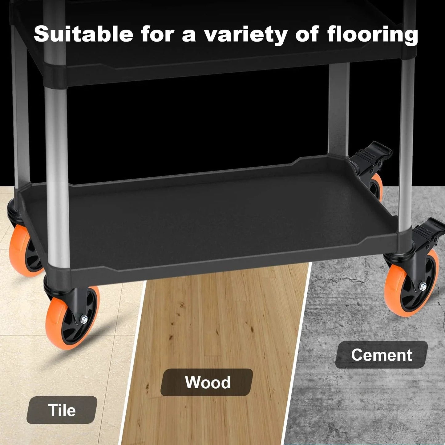 5-Inch Stem Caster Wheels With Brakes shown on cart suitable for tile, wood, and cement floors