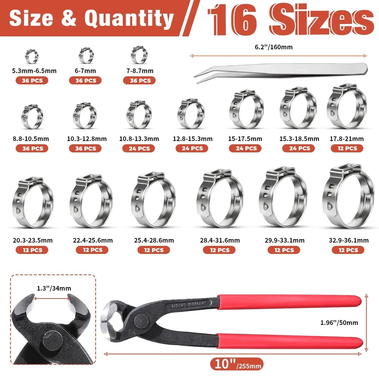 360 Pcs 16 Sizes Single Ear Hose Clamps 5.3 To 36.1 Mm Stainless Steel 304 Corrosion Resistant Crimp Clamps Kit