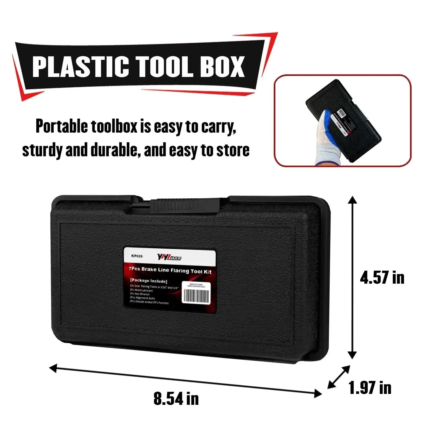 Packaging for Brake Line Flaring Kit 7 Pcs For 1/4 And 3/16 Inch Copper Aluminum SAE, plastic toolbox, dimensions 8.54 x 4.57 x 1.97 inches
