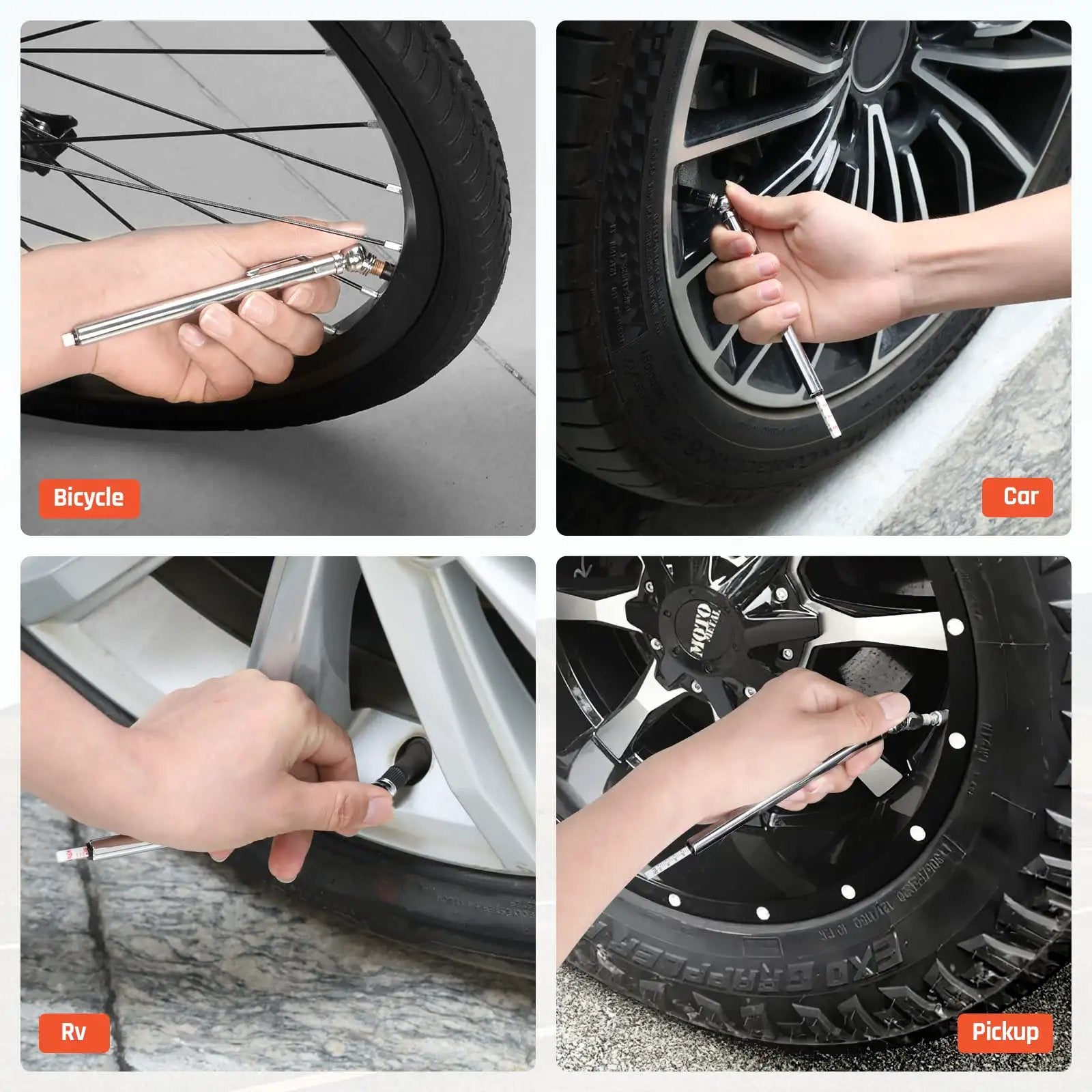Easy Read Pencil Tire Pressure Gauge Set For Cars Trucks RVs And Bikes By ETENWOLF being used on a bicycle, car, RV, and pickup.