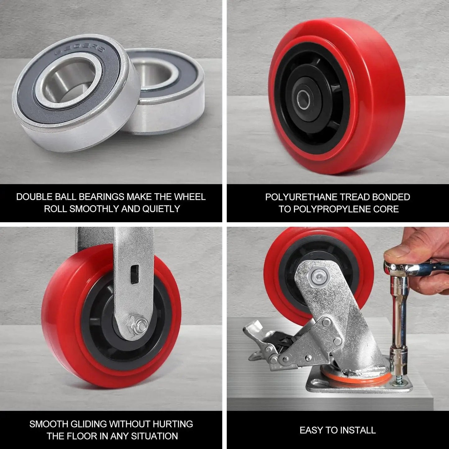 4 Inch Industrial Casters Set Of 4 With Polyurethane On Polyolefin Core Wheels And Double Roller Bearings close-up features