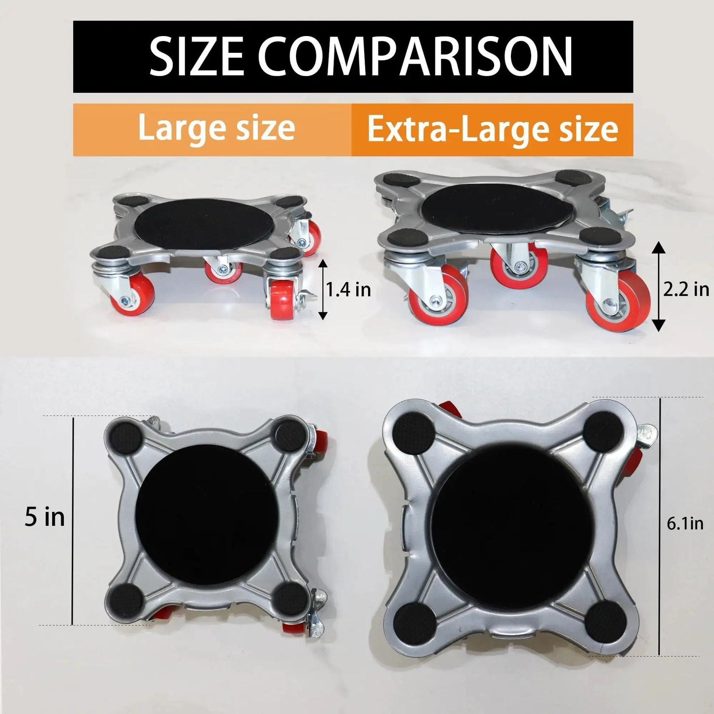 Size comparison of two Heavy Duty Five Wheel Furniture Mover Dollies with 360 Degree Rotating Cardan Wheels, showing large and extra-large sizes.