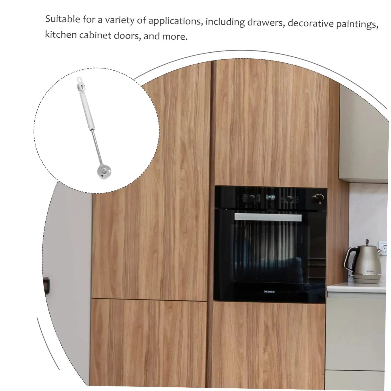 Lid Support Hinge With Soft Close Gas Spring installed on wooden kitchen cabinet door.