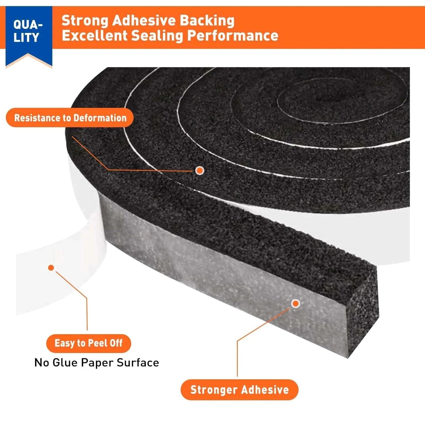 Ultimate Must Have Weather Stripping Door Seal One Inch Wide One Inch Thick Foam Tape showing cross-section and adhesive backing