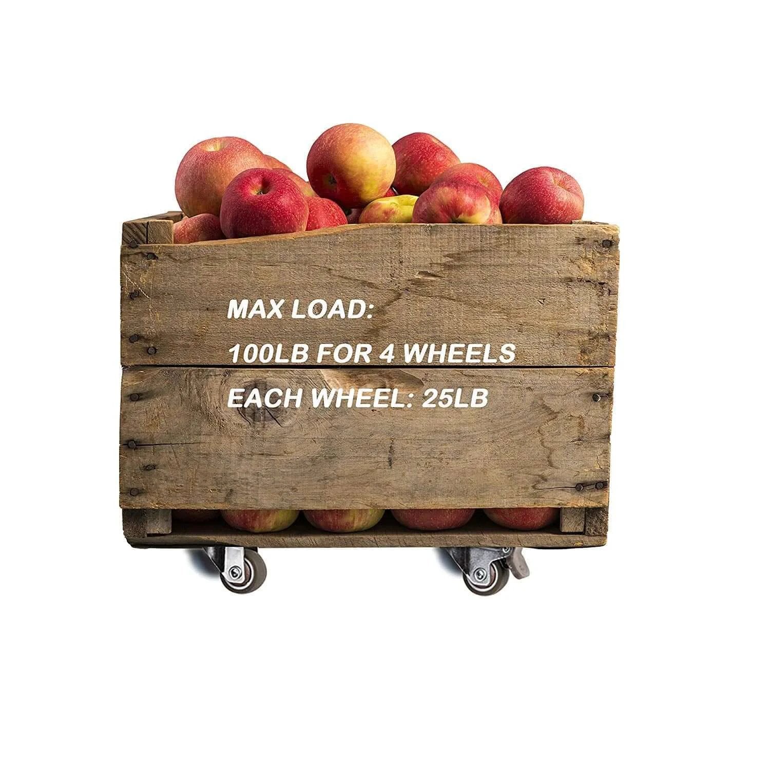 4 Pack 1" Low Profile Swivel Caster Wheels - Soft Rubber with 360° Top Plate, 100 lb Total Capacity (2 with Brakes & 2 Without) with apples