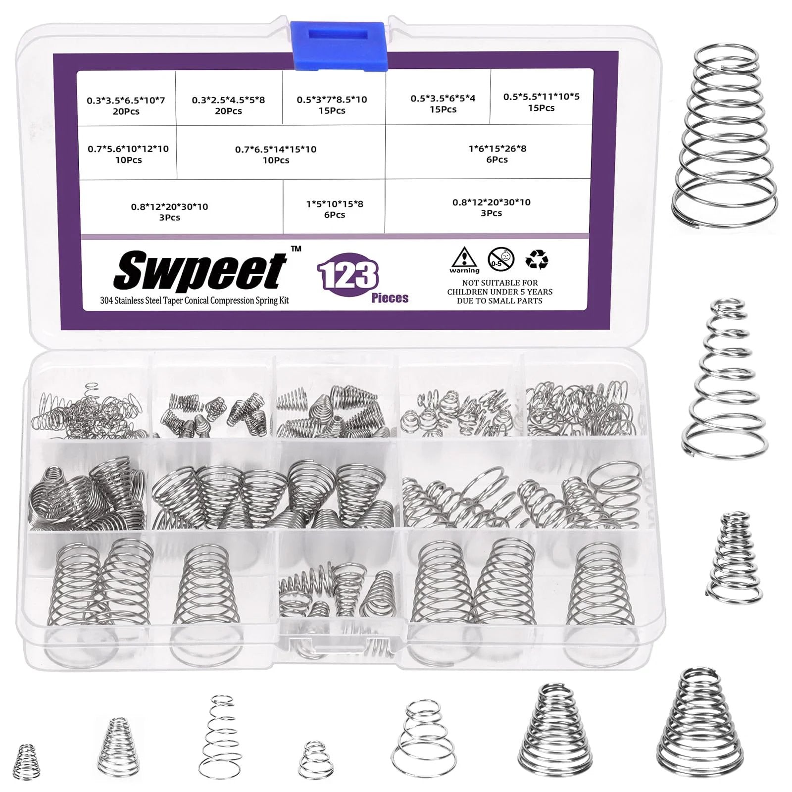 Must Have 123Pcs Conical Spring Kit With 10 Sizes 0.3 0.5 0.7 0.8 1 Stainless Steel Small Compression Springs For Repair And DIY Projects Metal Tower Conical Springs Set in a clear box with visible labels.