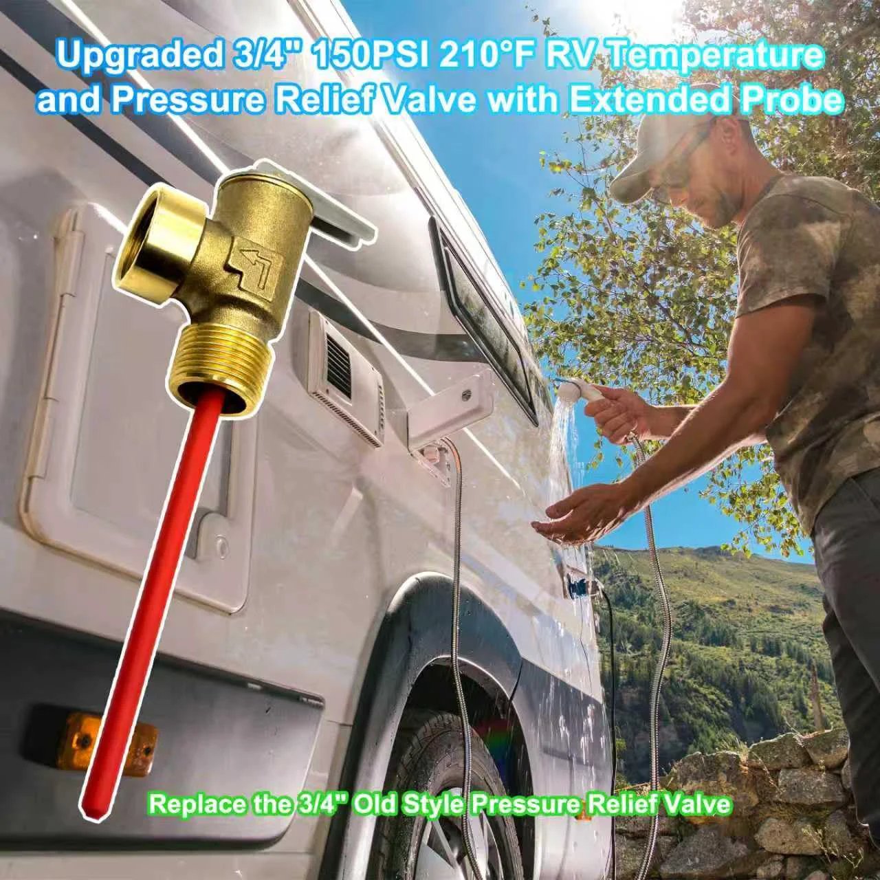 Man installing Upgraded Three Quarters Inch NPT Hot Water Heater Pressure Relief Valve with Extended Probe on RV