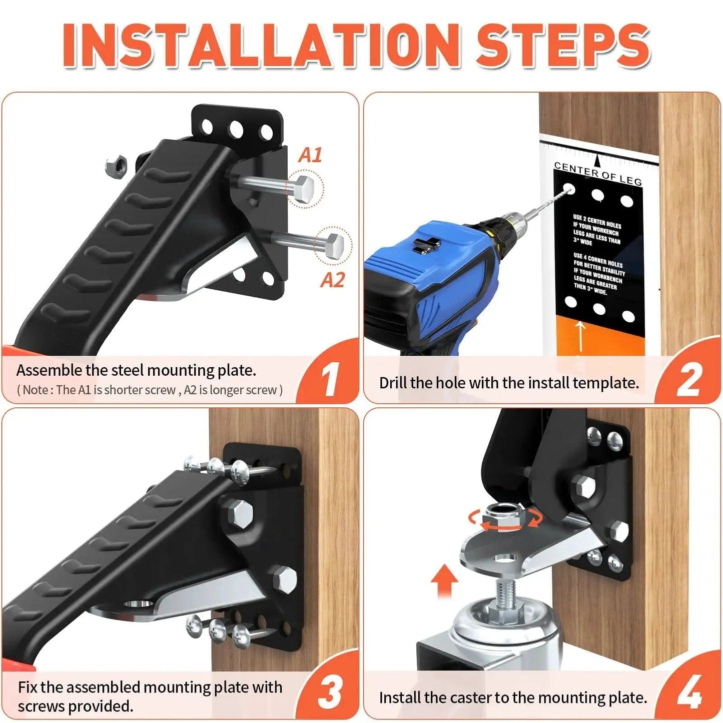 Installation steps for 4 Pack 3 Inch Heavy Duty Retractable Workbench Casters Kit for workbenches and machinery, showing assembly and installation.