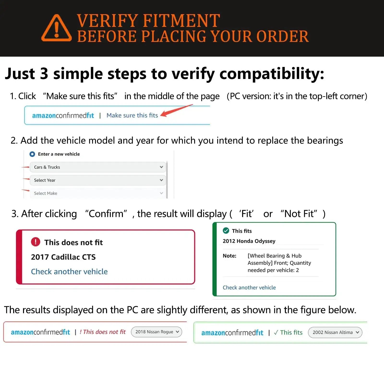 Instructions on verifying fitment for vehicle parts using the 'Make sure this fits' tool.