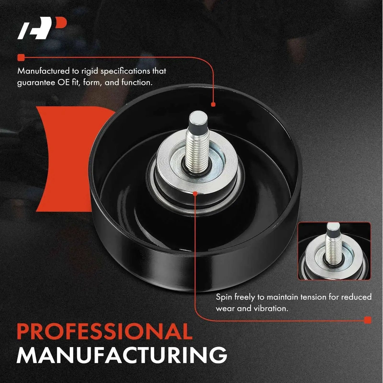 Belt Idler Pulley For GM Vehicles Including Chevy Silverado Suburban Express GMC Sierra Yukon Escalade Cadillac Buick Hummer Isuzu Saab Workhorse And Workhorse Custom Chassis A-Premium Quality Replacement Part For Smooth Belt Tension And Long Lasting, 90 mm OD, metal, front view