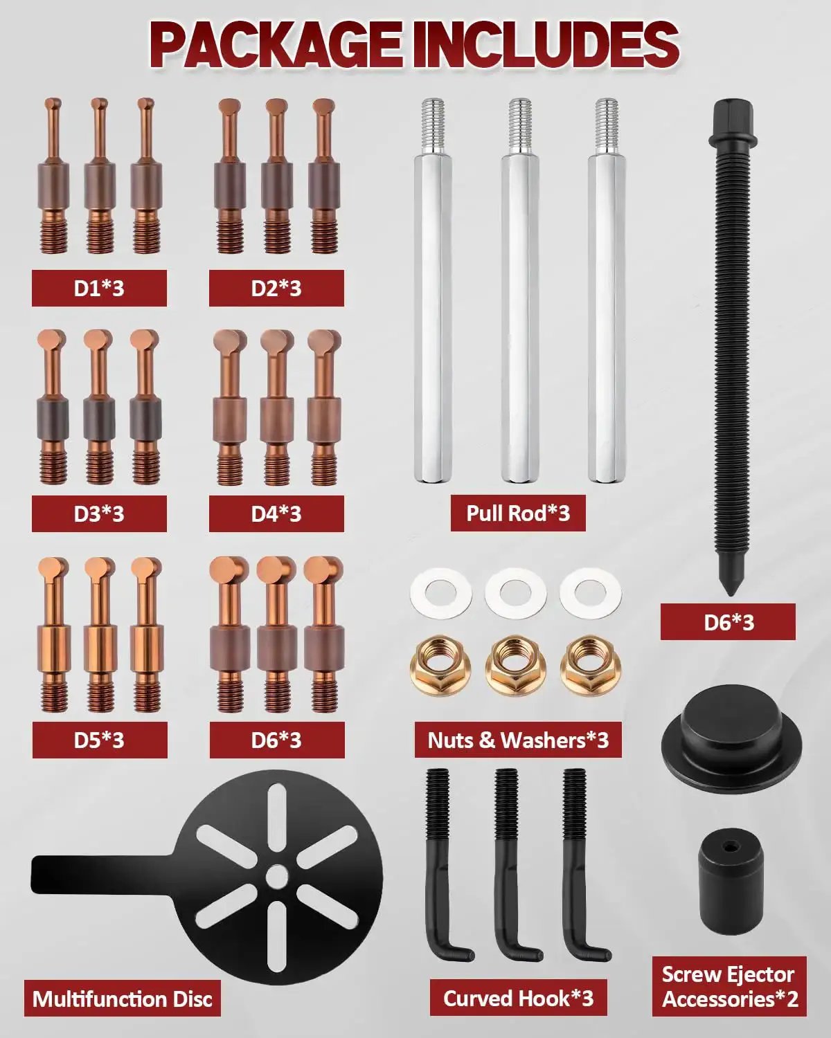 Components of 21 In 1 Bearing Puller Kit With Curved Hook And Red Steel Collet, including pull rods, nuts, and multifunction disc.