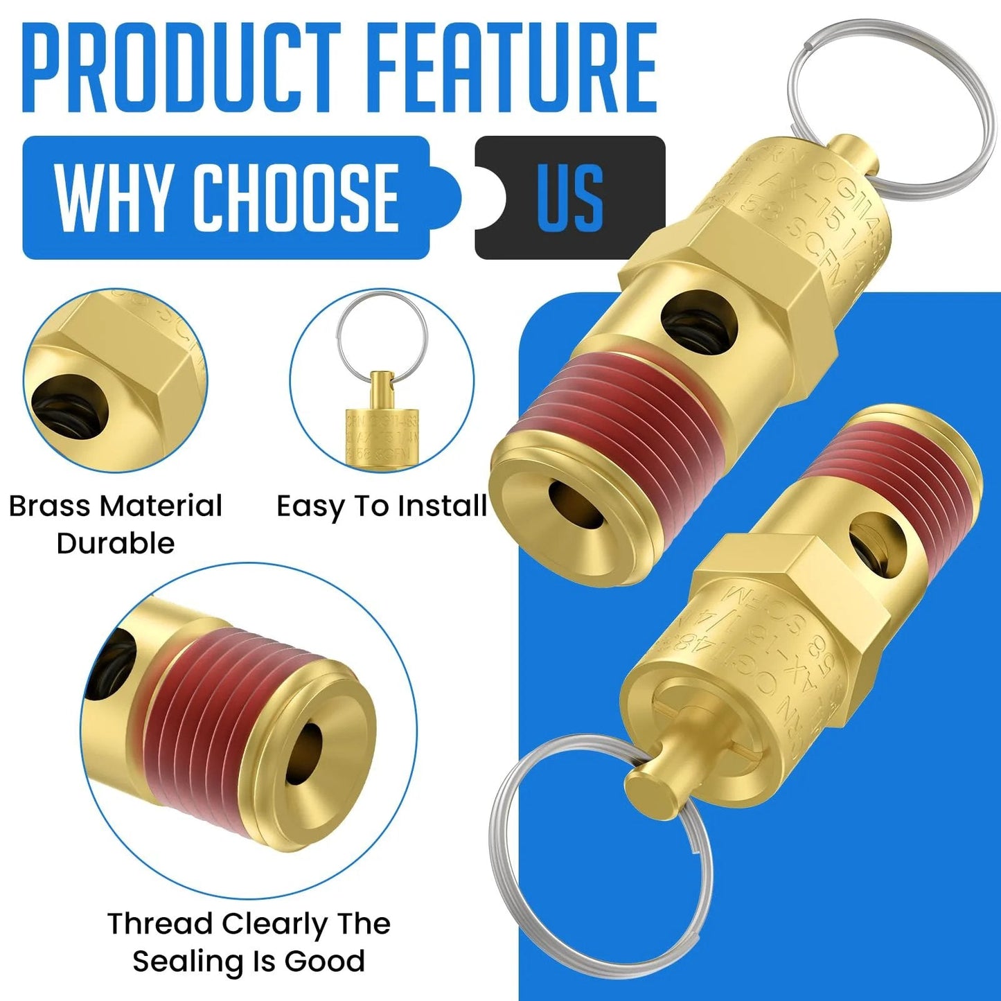Brass Safety Valve For Air Compressors 175 PSI Pressure Relief One Quarter Inch NPT Male Threads Two Pack Tank Pop Off Valves Automatic Overpressure Vent For Safe Reliable Compressor Operation