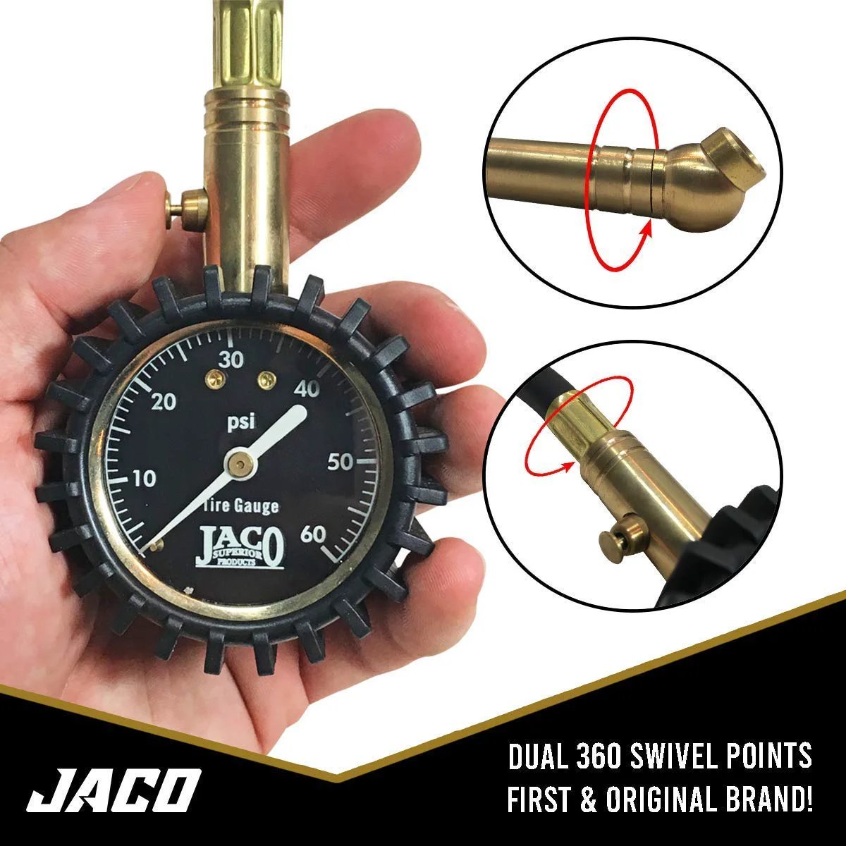 Person holding Rugged Brass Tire Pressure Gauge ElitePro 60 PSI No Batteries Needed Mechanic Approved Readings ANSI Certified Accuracy