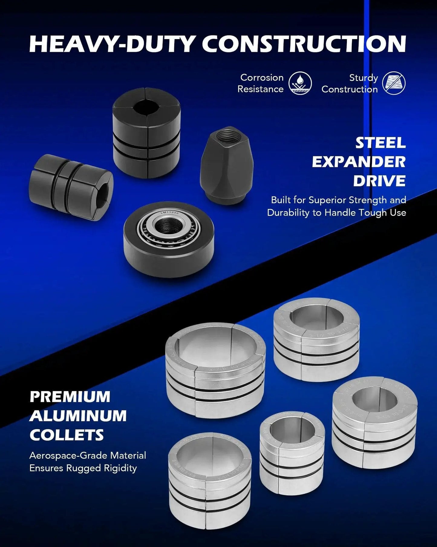 Components of Exhaust Pipe Expander Kit 1 5 Eighth To 4 1 Quarter Inch Hex 28 Mm Storage Case, including steel expander drive and aluminum collets.