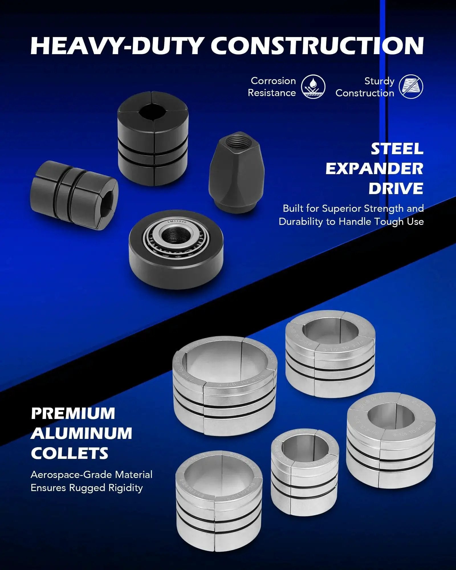 Components of Exhaust Pipe Expander Kit 1 5 Eighth To 4 1 Quarter Inch Hex 28 Mm Storage Case, including steel expander drive and aluminum collets.