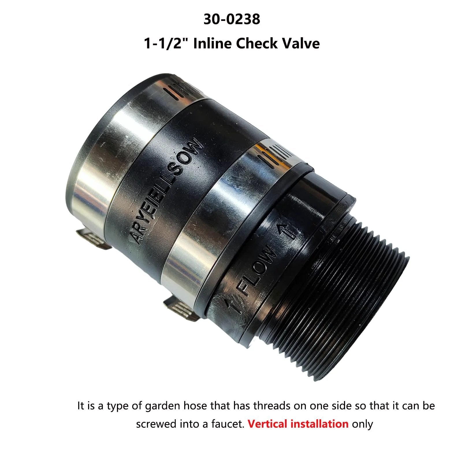 1-1/2 Inch Inline Check Valve With Stainless Steel Clamps Model 30-0238 for Garden Hose Pump Discharge Vertical Install