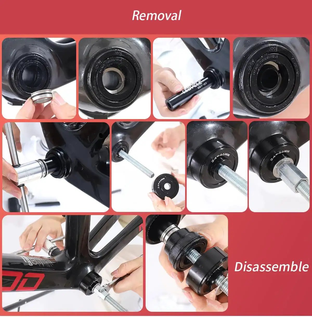 Professional Durable Bicycle Bearing Press And Removal Tool Kit For Precise Bottom Bracket Bearing Installation And Extraction, Compatible With BB73 BB86 BB30 BB91 BB92 PF30 Standards, MTB And Road Bike Repair Tools Set in use for removal and disassembly