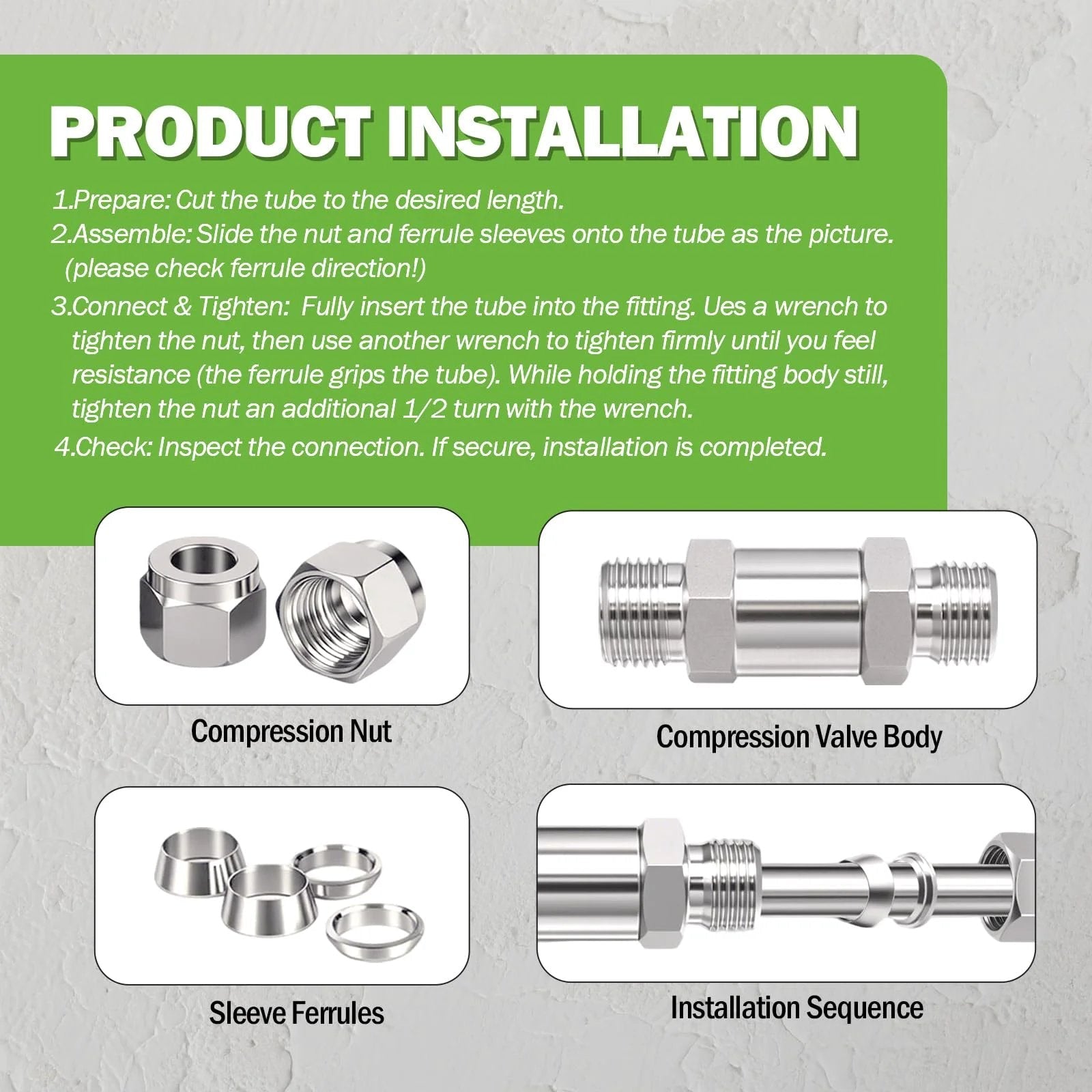Product installation guide for Premium Heavy Duty 304 Stainless Steel Compression Check Valve For Water Oil Gas Three Eighths Inch OD One Way Backflow Prevention Non Return Valve 1 Pack Goldpea.