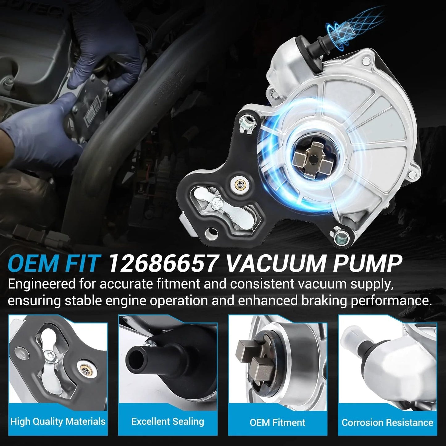Direct Fit Brake Vacuum Pump For GM Rides Fits Chevrolet Impala 2014 Through 2019 Malibu 2013 Through 2015 Blazer Camaro Colorado Traverse 2019 Through 2020 GMC Canyon Acadia Cadillac CT6 ATS Two Liter And Two Point Five Liter Engine Applications shown with OEM fit features and installation highlights.