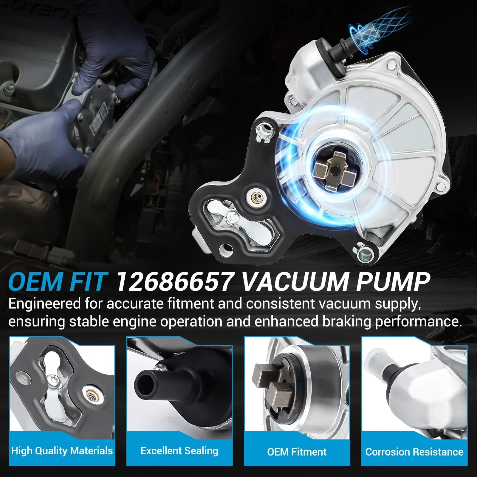 Direct Fit Brake Vacuum Pump For GM Rides Fits Chevrolet Impala 2014 Through 2019 Malibu 2013 Through 2015 Blazer Camaro Colorado Traverse 2019 Through 2020 GMC Canyon Acadia Cadillac CT6 ATS Two Liter And Two Point Five Liter Engine Applications shown with OEM fit features and installation highlights.