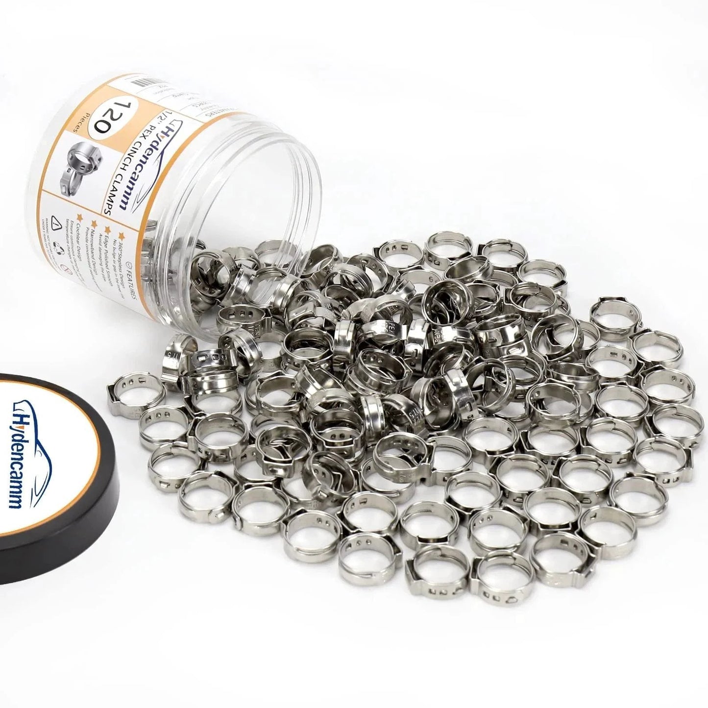 120 Pack Half Inch PEX Cinch Crimp Rings 304 Stainless Steel Pinch Clamps Stepless Single Ear Hose Clamps for PEX Tubing Pipe Fitting Connections Durable Thick Construction No Burrs Tight Hold