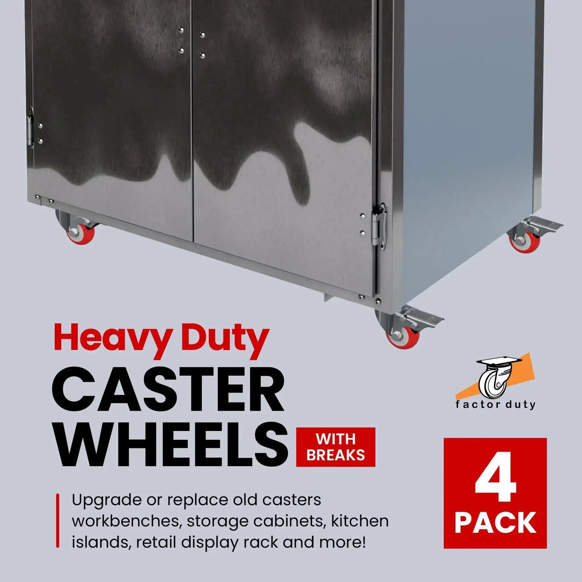 4 pack heavy duty caster wheels with breaks, ideal for workbenches and storage cabinets, featuring red polyurethane swivel casters.