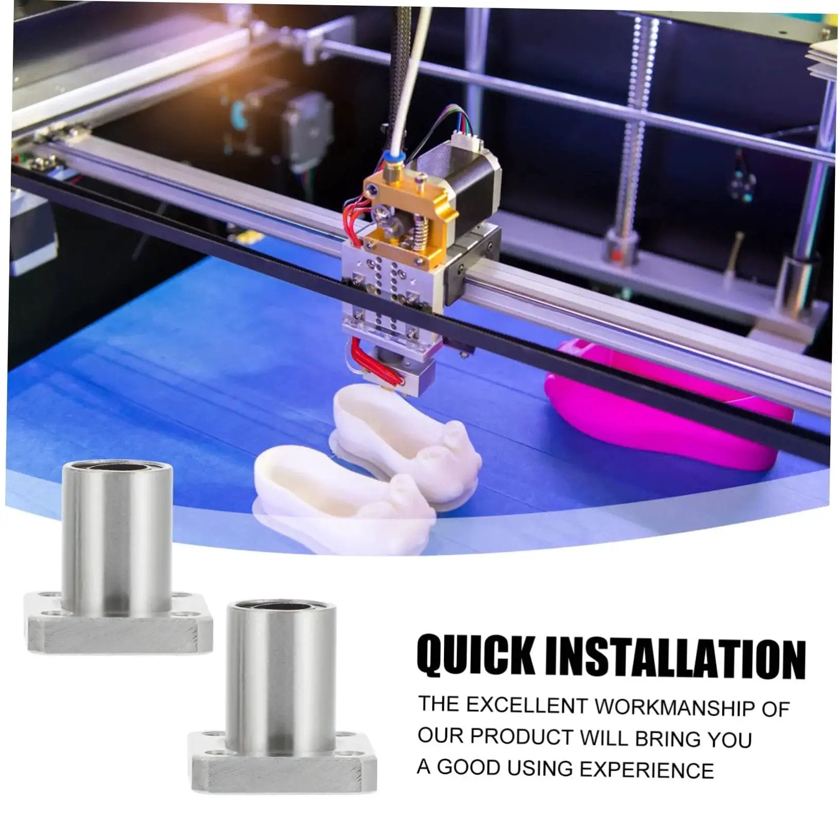 Two Pack Flange Linear Bearings for 3D Printers shown with a 3D printer and printed objects