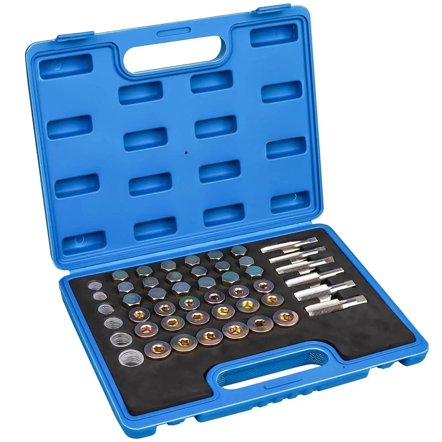 114 Piece Oil Pan Drain Plug Repair Kit with Six Metric Taps From M13 X 1.25 To M22 X 1.5 in blue carrying case