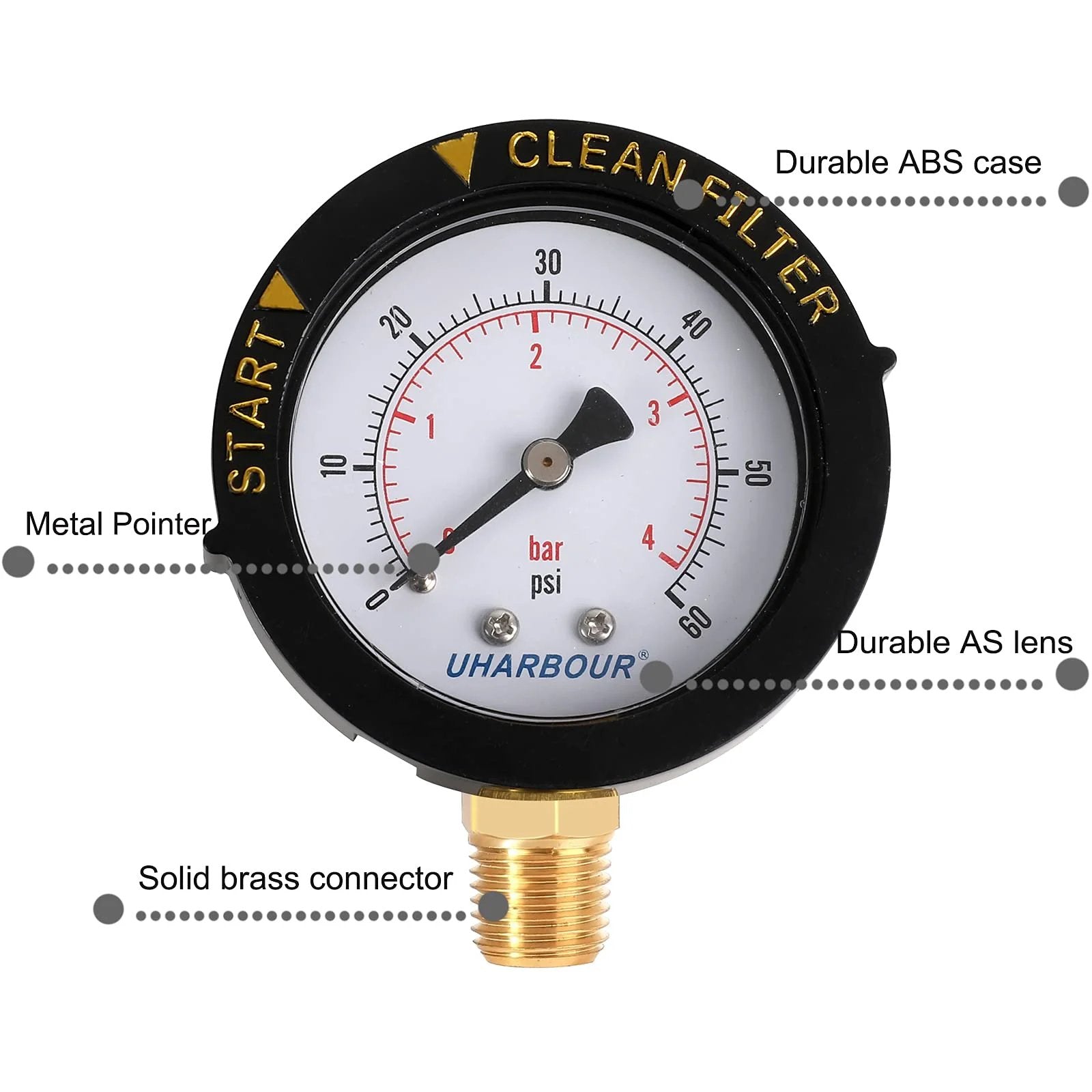 Pool Filter Pressure Gauge 60 PSI One Quarter Inch NPT Bottom Mount Pro Grade Replacement For Swimming Pool Spa Aquarium Valves
