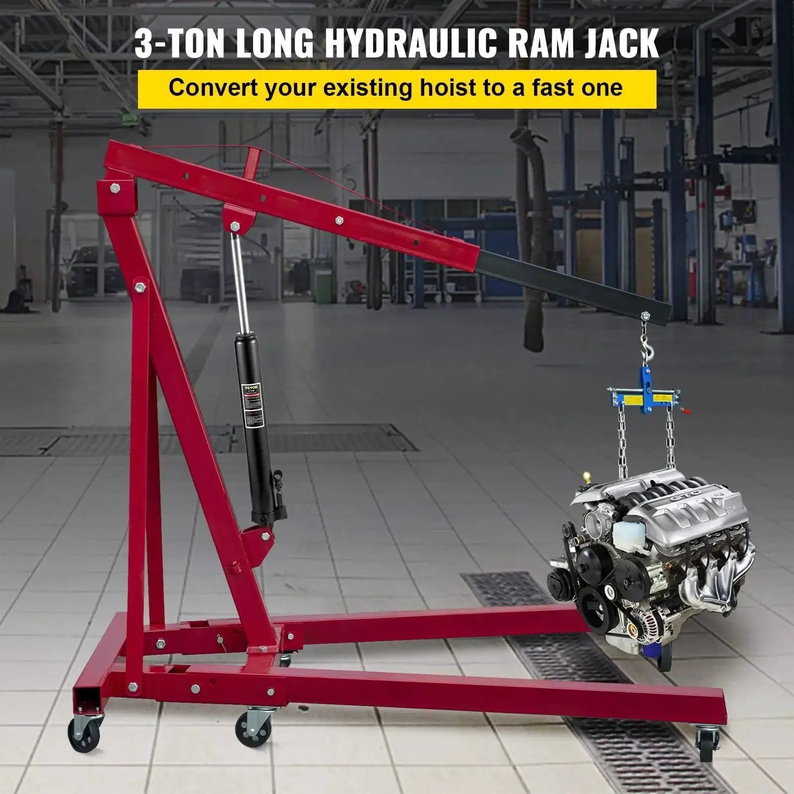 Three Ton Hydraulic Long Ram Jack With Clevis Base For Engine Hoist lifting engine in garage